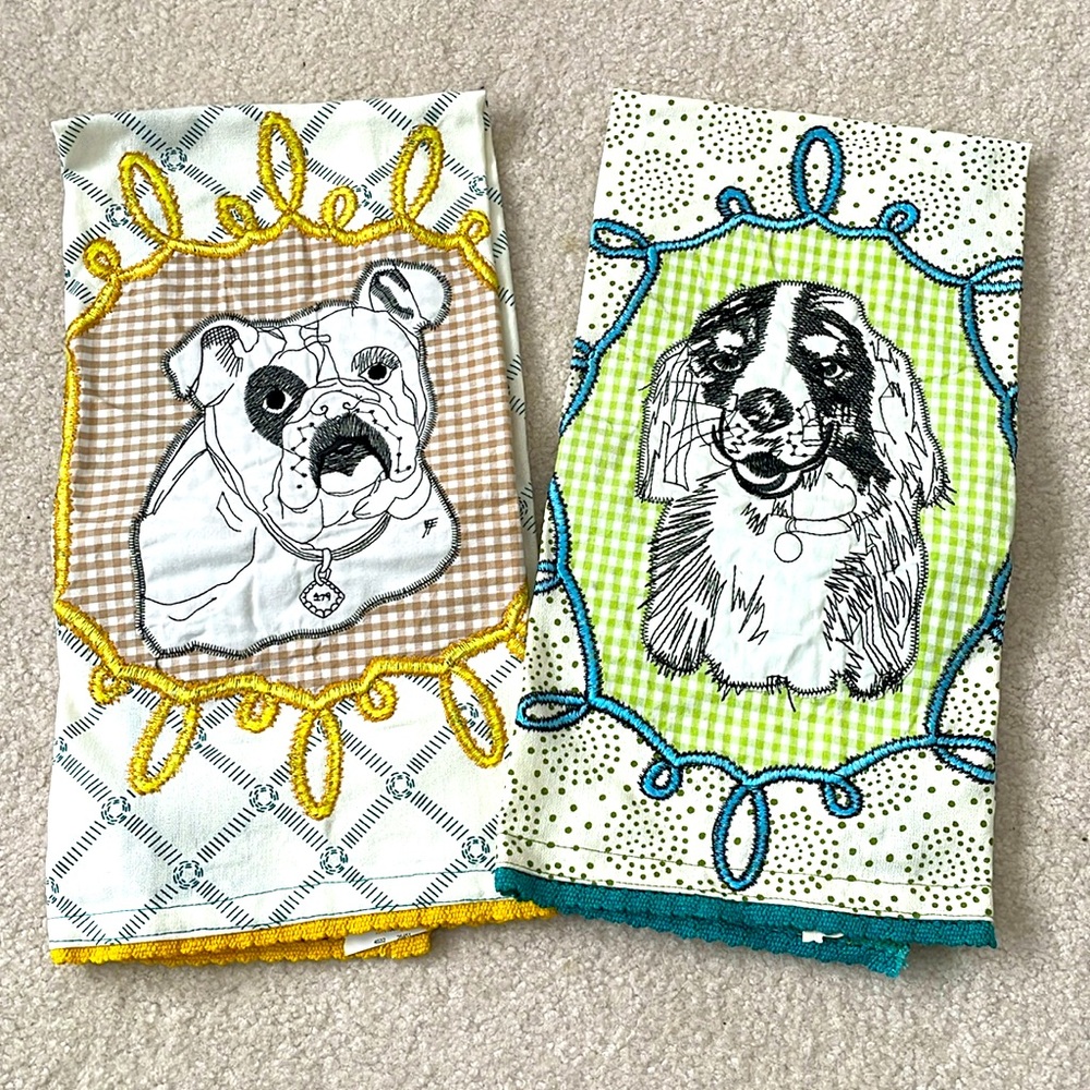 Anthropologie Embroidered Bulldog and Spaniel Kitchen Tea Towel Set New w/ Tags